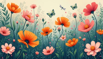 Colorful Flat Design Meadow with Orange and Pink Flowers, Green Leaves, Butterflies, and a Dragonfly