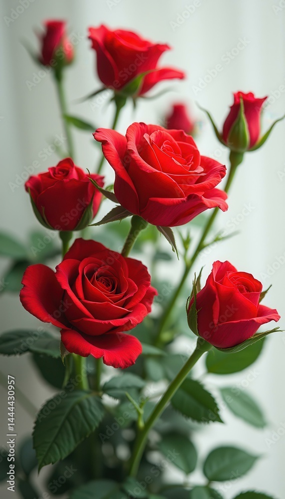 Poster close-up of vivid red rose flowers displaying rich color and intricate petal details in elegant arra
