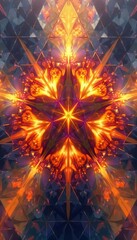 Intricate kaleidoscope pattern with a central starburst and geometric design, radiating warm tones of orange and gold
