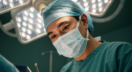 Asian surgeon in surgical mask and cap looking at camera with operating room lights behind. Medical professional portrait for healthcare recruitment and surgical expertise advertising