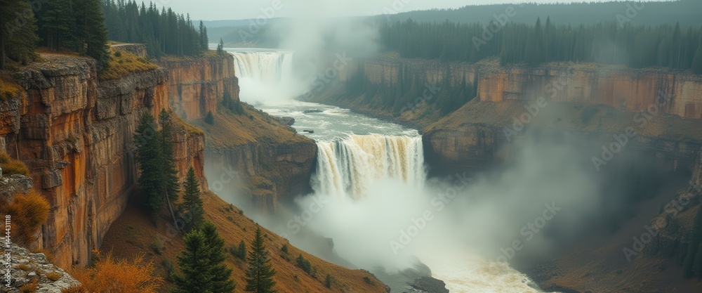 Poster powerful multi-tiered waterfall cascading into a canyon surrounded by lush coniferous forest and maj