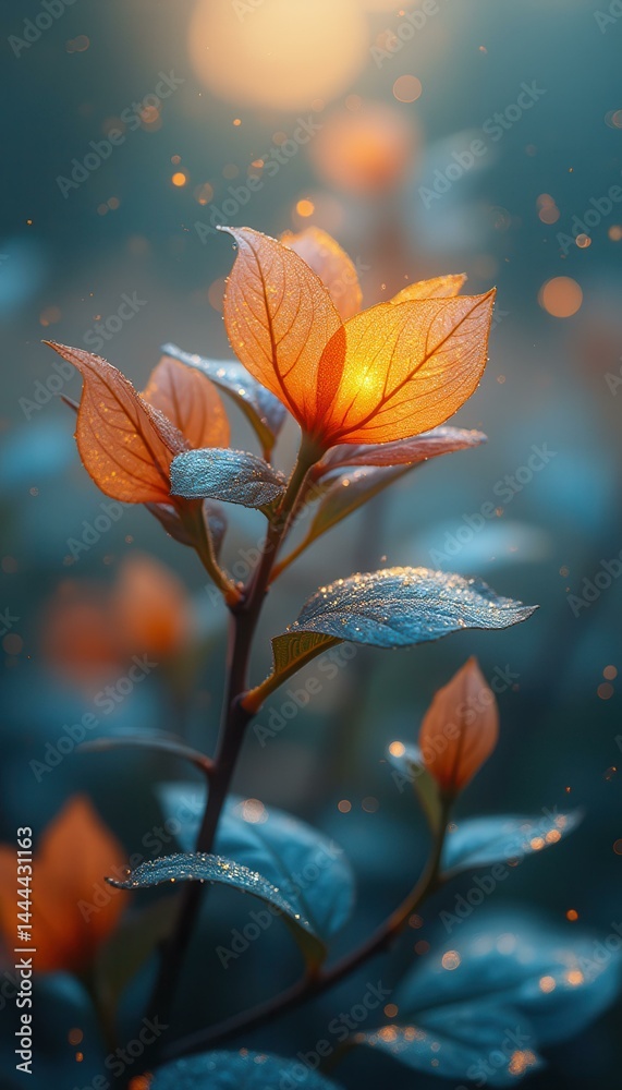 Poster translucent leaves shine with dew drops, creating a magical, ethereal garden scene with warm golden 