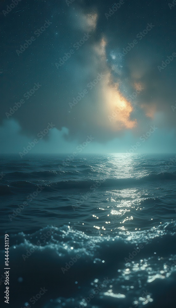 Wall mural ethereal night ocean landscape with milky way and moonlight reflections, a cinematic and tranquil sc