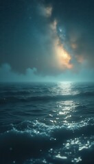 Ethereal Night Ocean Landscape with Milky Way and Moonlight Reflections, a Cinematic and Tranquil Scene