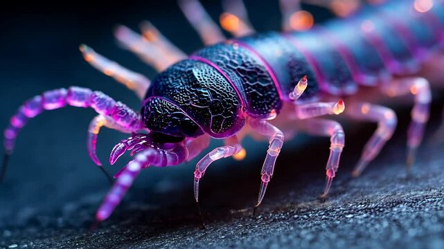 Colorful close-up of a centipede on dark surface