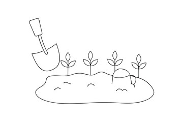 Simple outline garden illustration with plants watering can and shovel