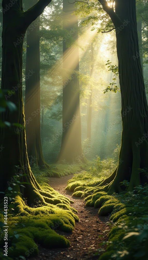 Poster Sunlight Filtering Through a Mystical Forest Path Covered in Moss