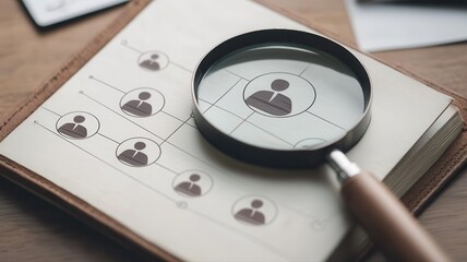 HR Networking: Magnifying Glass on Organization Chart magnifying glass recruitment human resources