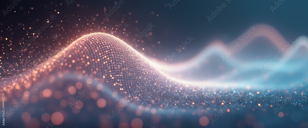 Poster Abstract shimmering surface of gold and blue particles flowing like waves, creating a mesmerizing and dynamic visual experience.