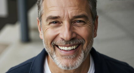 Smiling man with gray beard and white teeth wearing navy suit and white shirt. Professional portrait for business branding and corporate leadership content
