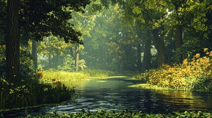 Tranquil waterway winding through a lush woodland.