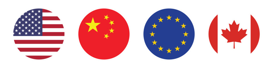 Round flag of USA, China, EU and Canada. Flag of the countries involved with import tariff conflict. Transparent PNG and vector illustration. 