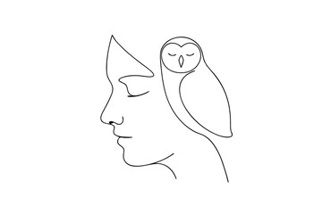 Womans profile and owl continuous line art minimalist design simple elegant illustration