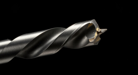 Metal drill bit with spiral fluting against black background. Close up of steel cutting tool with sharp point. Industrial equipment and precision machining tools