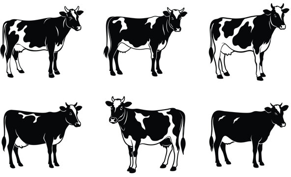 Holstein frizian cow domestic animal silhouette vector art design set