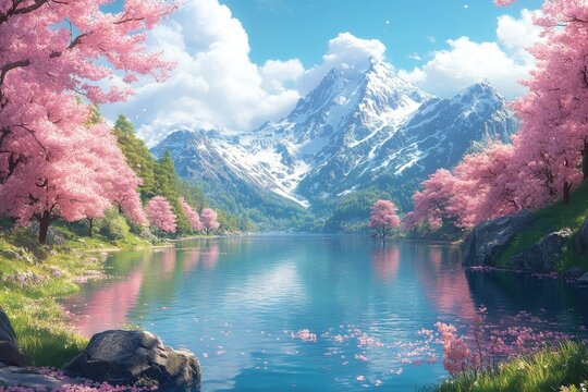 Serene mountain lake, cherry blossoms, spring. Background snow-capped peaks. Use Wallpaper, postcard