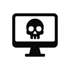 Flat vector icon of skull on computer screen. Represents virus, malware, cyber attack, digital threat or computer hacking.
