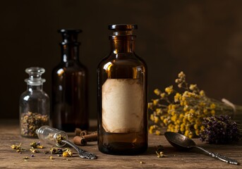 Aromatic essence and medicinal herbs, presented in vintage apothecary bottles