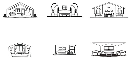 Home interior minimalist hand drawn line art silhouette vector set design