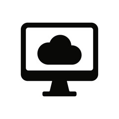 Flat vector icon of cloud inside computer screen. Represents cloud computing, digital storage, online sync and cloud technology.