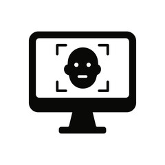 Flat vector icon of facial recognition on computer screen. Represents biometric verification, digital security and identity authentication.