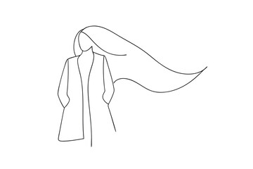 Minimalist line art of woman in coat with flowing hair on white
