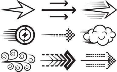 Set of 9 outline icons related to comic, speed, motion, arrows, doodle and elements. Linear icon collection. Editable stroke line art. Vector illustration.