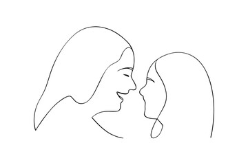Mother and daughter continuous line drawing minimalist art black and white illustration