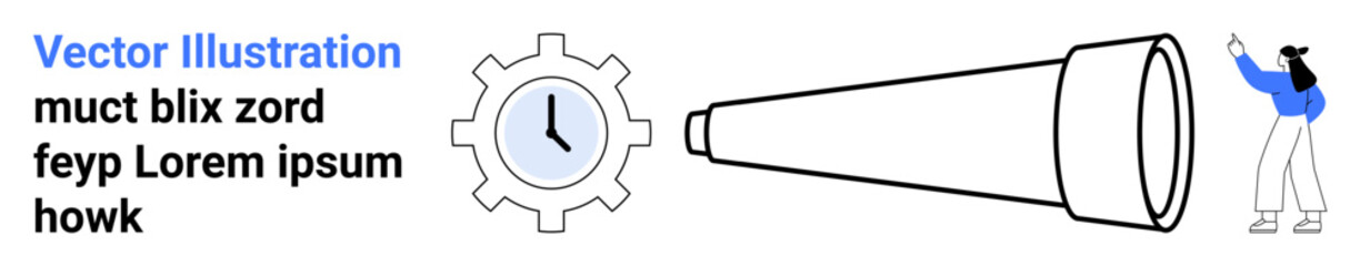 Female figure pointing towards large telescope, clock inside gear symbolizing time management, progress. Ideal for planning, strategy, goals, leadership, exploration, productivity simple landing
