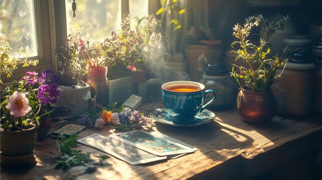 Ostara Witchy cozy witchy desk by morning light, tea cup, tarot spread, and spring herbs scattered