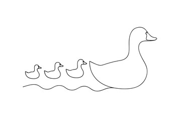 Continuous line drawing of mother duck swimming with three ducklings on water