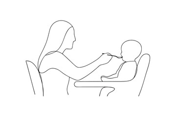 One line drawing of mother feeding baby with spoon in highchair