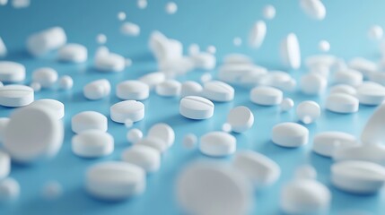 Scattered White Pills on Light Blue Surface Pharmaceutical Backdrop Close Up View