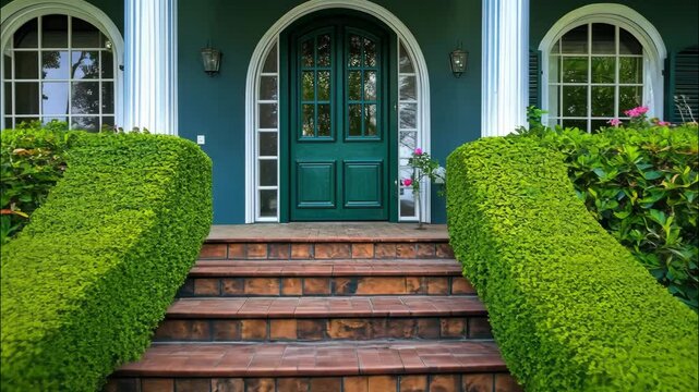 Arched green front door with topiary and steps leading in. 