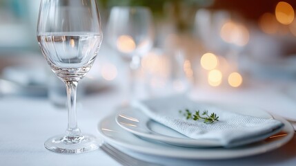 elegant gala dinner setting occupies foreground background people blurred maintaining focus on tableware