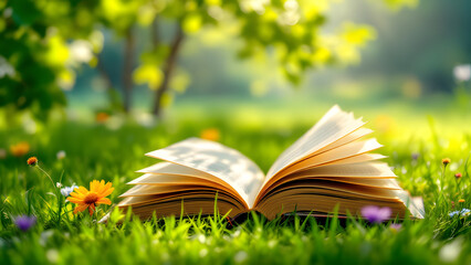 Open book resting on grass in a sunny field invites relaxation