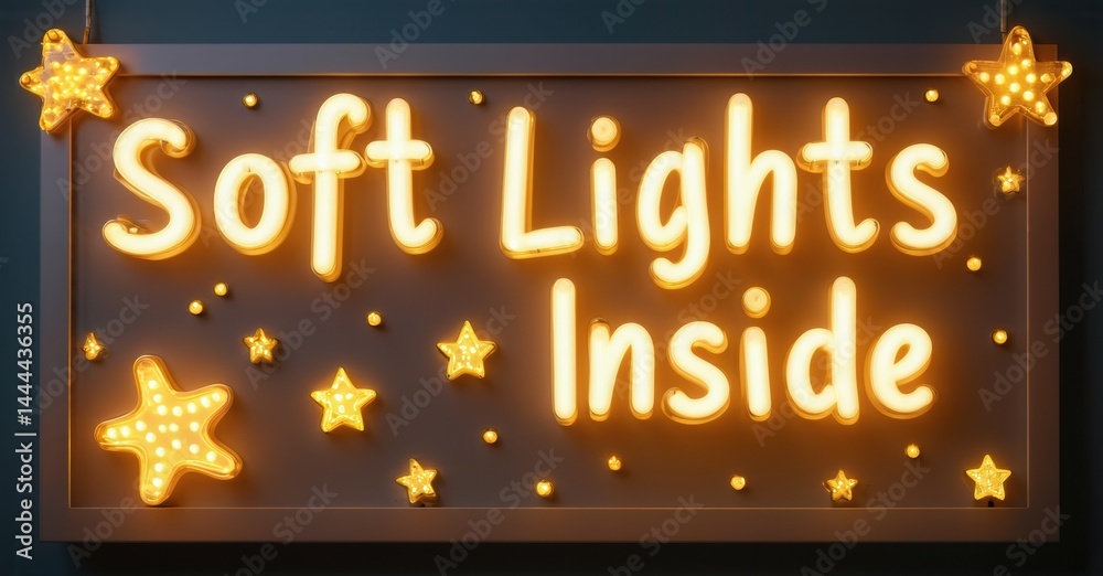 Aufkleber bright sign displays soft lights inside. stars surround text, creating warm, inviting glow against d