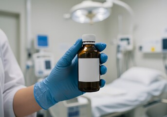 Medical professional holding pharmaceutical bottle in sterile hospital setting