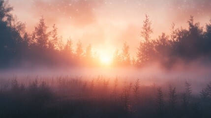 Naklejka premium Misty sunrise landscape with tall trees.