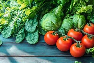 Fresh Tomatoes and Leafy Greens Arranged on a Wooden Surface for Natural Vibrance