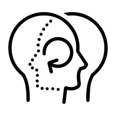 Turning thought in mind (outline style). Reflective idea, reconsidering concept, changing perspective, turning around a thought, reversing direction, reevaluating mindset, looking back, rethinking