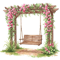 Watercolor Swing Set with Flowers, cottage core pastel, isolated on transparent background.