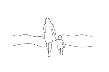 Mother and child walking hand in hand single line art on beach
