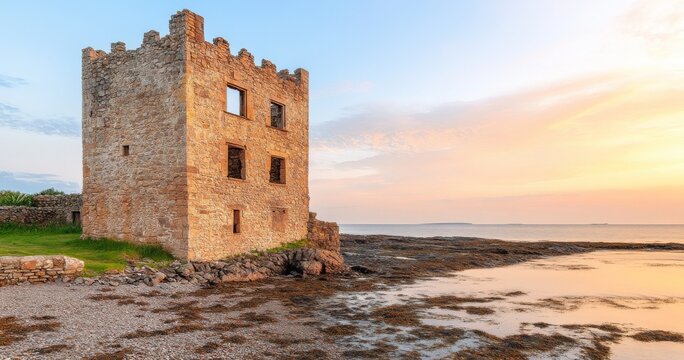 Surrounded by the sea, Dunure Castle is seen at sunrise in Scotland