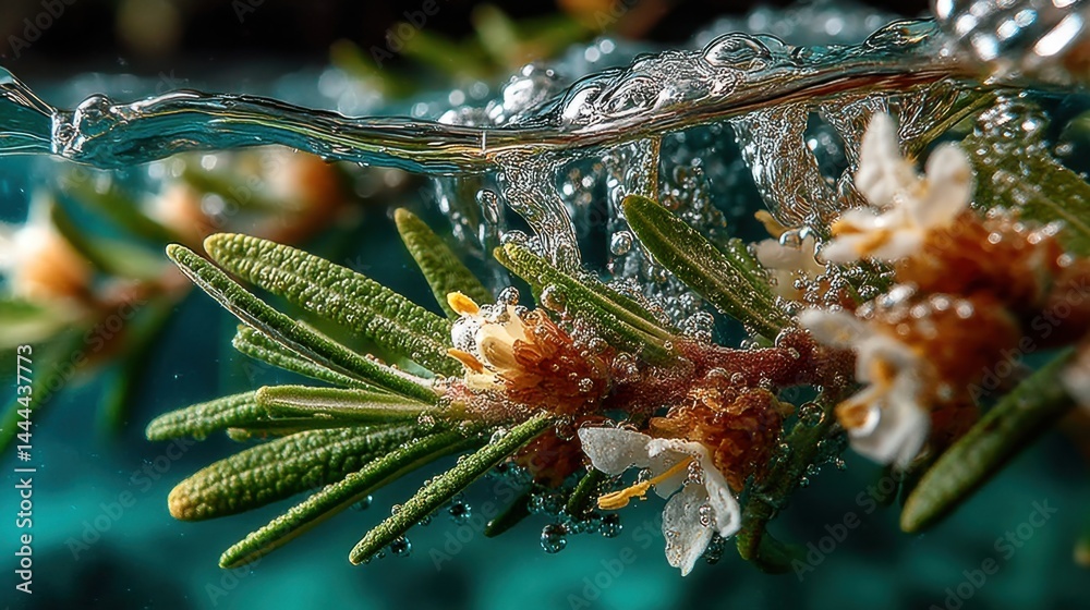 Poster close-up of flowering evergreen branch underwater with bubbles and details