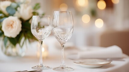 elegantly prepared gala dinner table set with sparkling glasses minimalist centerpiece ample copy space and clean linens