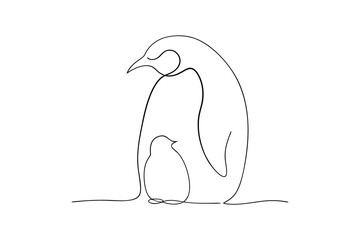 Minimalist single line drawing of penguin family parent and baby together © Uttam