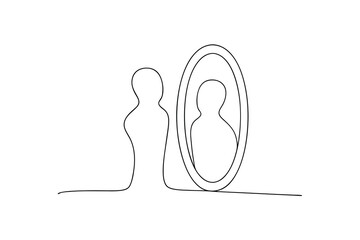 Continuous line drawing silhouette woman facing mirror reflecting minimalist art