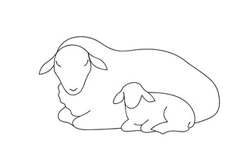 Minimalist outline of ewe sheep and lamb lying down in peace together © Uttam
