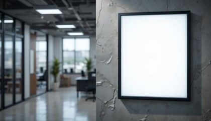 Fototapeta premium A blank framed canvas on a distressed gray wall offers artistic potential against the blurred